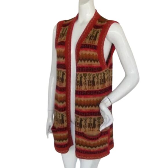 ALPACA Sweater Vest, M/L, Red, Animals, Knit, Pockets, Sleeveless - Picture 4 of 10